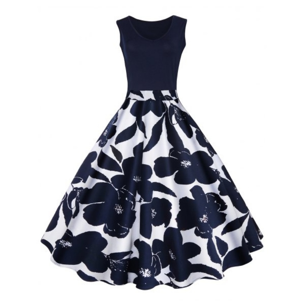 Vintage Print A Line High Waisted Dress